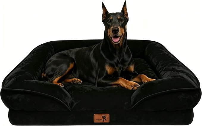 Spotted Play Orthopedic Dog Bed with Sides - Sofa Beds for Extra Large Dogs, Supportive Foam Pet Couch Bed with Washable Removable Cover, Waterproof Lining and Non-Slip Bottom, Black - XL-Plus
