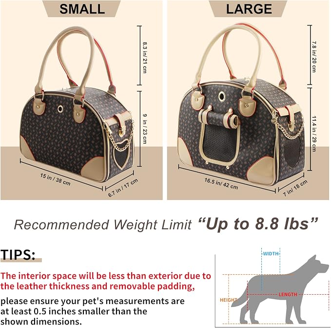 Fashion Dog Carrier PU Leather Dog Handbag Dog Purse Cat Tote Bag Pet Cat Dog Hiking Bag, Brown, Small 38 * 23 * 17cm
