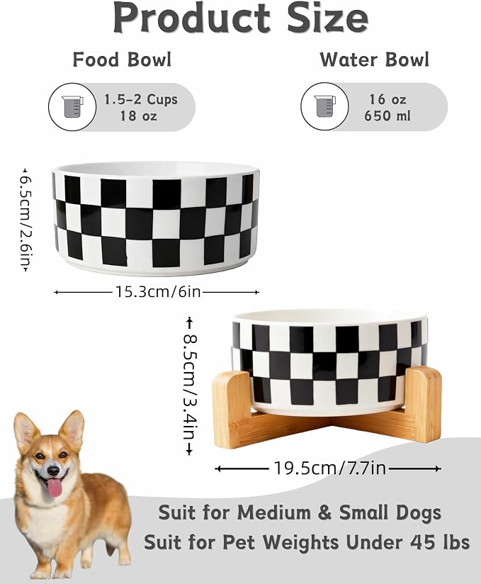 TRUVIC Ceramic Dog Bowl with Wood Stand, Black and White Checkered & Striped Dog Food and Water Bowl, 2 Cup/14 oz Elevated puppy food bowl for Medium Dogs, Dishwasher Safe, Modern Geometric, Checkered