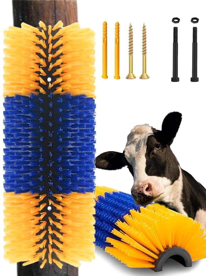 Livestock Scratching Brush 1 Pack, Itch Relief Goat Scratching Post | Horse Cow Goat Brushes for Scratching, Self-Grooming, Upgraded No-Strip Screws for Easy Install Barn Farm, Protects Fence