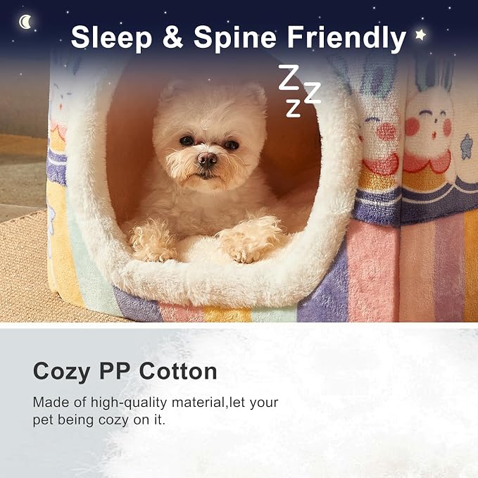 Cute Small Dog House Indoor,Foldable House Kennel Bed Mat with Cushion | L Size Tent for 11-16 lb Dogs and 18-22 lb Cats, Dog Cave Bed with Non-Slip Bottom,Rainbow,Soft Cozy Dog Cave Bed