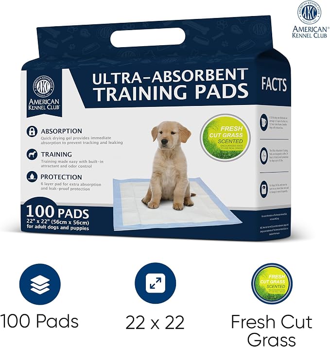 AKC Puppy Training Pads, 22" x 22", Grass Scented, 100 Count | Scented dog pee pads help control odors with ultra absorbent quick-dry gel, leakproof layers and potty training protection.