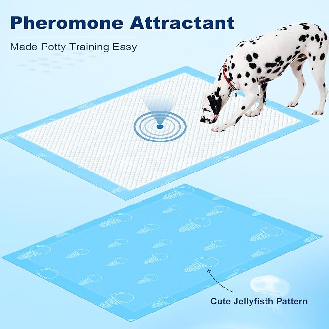 MIZOK XXL Pee Pads for Dogs Super Absorbent Extra Heavy Duty 28x44in 30Ct | Extra Long 28x44in Blue Dog Pads with Jellyfish Prints Feature Adhesive Tabs to Protect Floors for Long Bodied Dogs