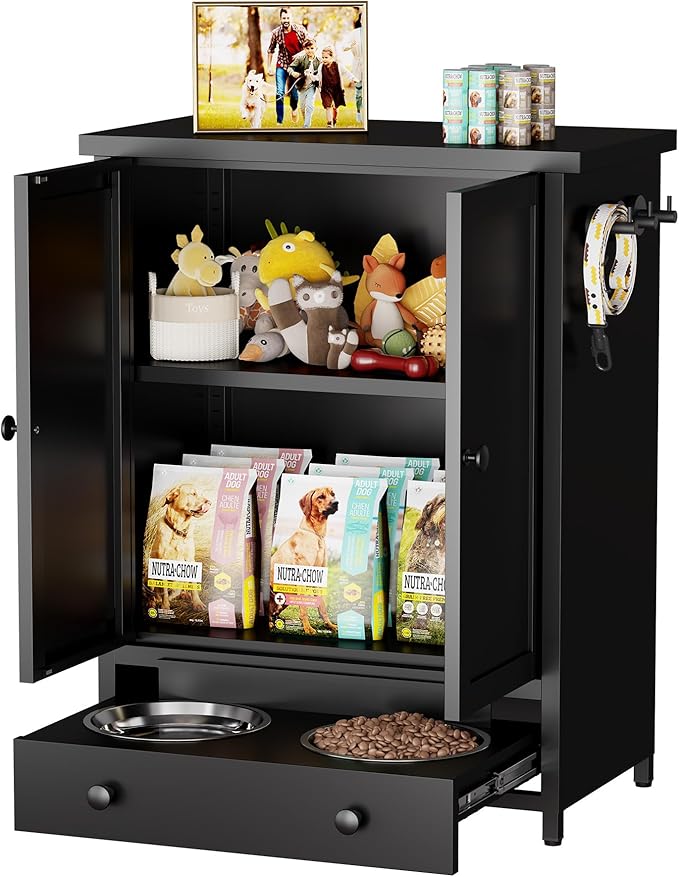 Dog Feeding Station with Storage, Metal Dog Food Storage Cabinet with 2 Elevated Bowls and 3 Hooks, Pet Feeding Station and Dogs Food Storage Organizer