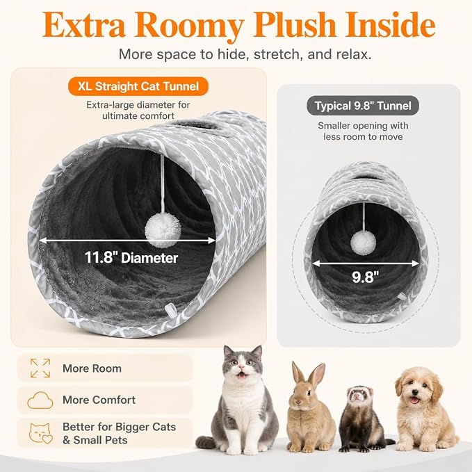 Geometric Straight Cat Tunnel with Plush Inside,Cats Toys Collapsible Tunnel Tube with Balls, for Rabbits, Kittens, Ferrets,Puppy,Diameter 11.8 Inch