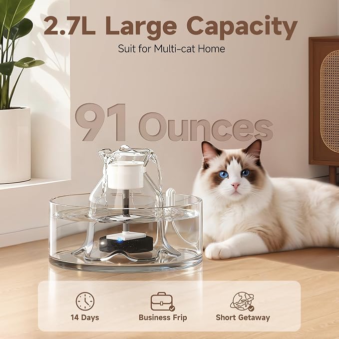 PETIMI Glass Cat Water Fountain, 2.7L/91 oz Ultra-Quiet Pet Fountain, Automatic Water Dispenser for Cats & Small Dogs, Spill-Resistant Pet Water Bowl, BPA-Free, Includes 2 Filters, Effortless to Clean