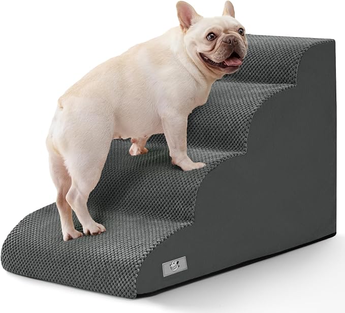 Dog Steps for Bed 17.7" H, 4-Step Pet Stairs Ramp for Small & Medium Dogs | Airpanda Dog Stairs with Washable Cover & High-Density Foam,Gentle Curved Design,Ideal for Senior & Short-Legged Dogs,Grey