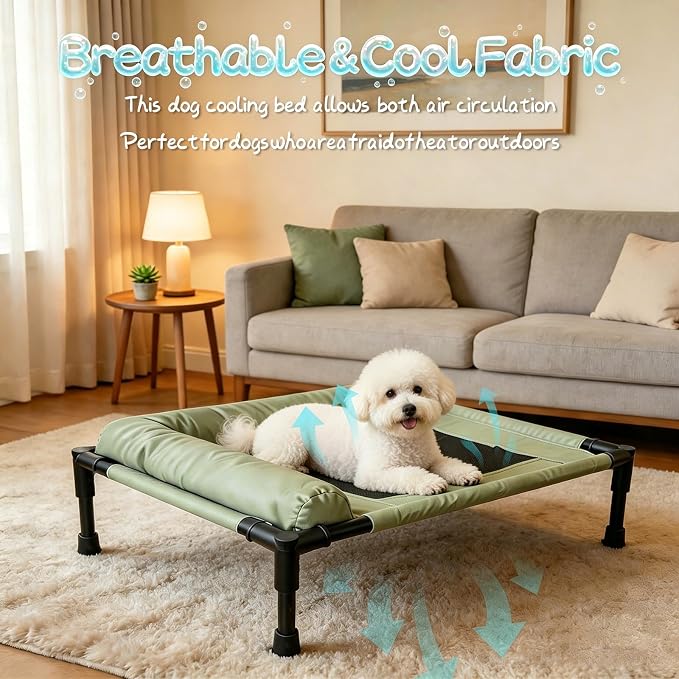 Raised Dog Beds for Small Dogs, Cooling Indoor Outdoor Elevated Bolster Dog Cot Hammock with Metal Frame Breathable Mesh, Portable Dog Sofa Camping Dog Bed (Green, 23.62 * 15.75 * 5.91)