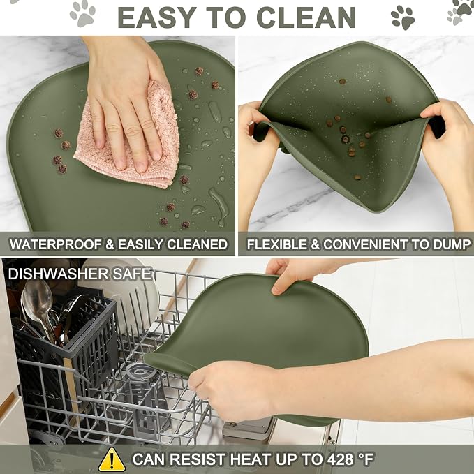 SMILOOL Waterproof Silicone Pet Food Mat with Raised Edge for Dog & Cat | 12" x 12" Non-Slip Small Pet Feeding Mats with Lip for Food & Water Bowl, Food Grade, Easy Cleaning, Light Olive Green