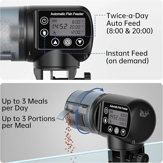 AQQA Automatic Fish Feeder, Auto Fish Feeder with LCD Timer Programmable, 200ML Large Capacity Aquarium Auto Feeder Moisture-Proof Silent, Vacation Fish Feeder for Small Tank Betta Fish Turtle