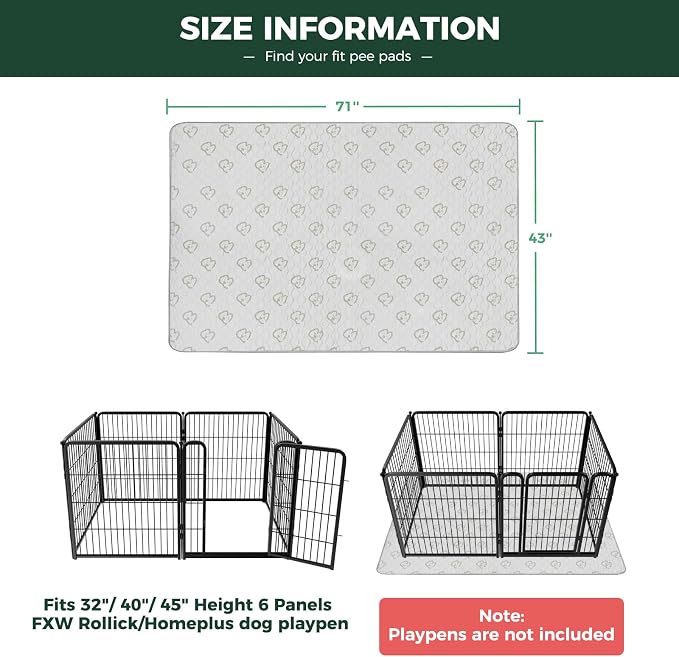 FXW Washable Pee Pads for Dogs, Super Absorbent, 43" x 71", 2 Packs | Machine washable, Non-slip backing, Fits 32"/40"/45"H 6-Panel FXW Rollick/Homeplus Playpens