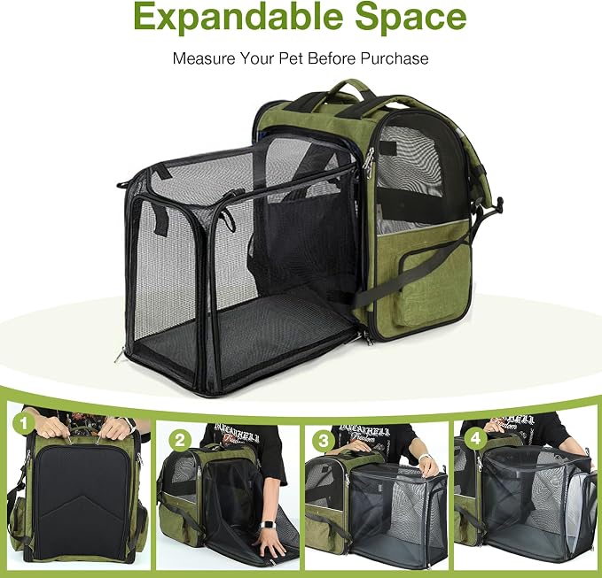Large Cat Backpack Carrier Expandable Pet Carrier Backpack for Small Dogs Medium Cats Fit Up to 18 Lbs, Dog Backpack Carrier, Foldable Puppy Backpack Carrier for Travel,Dark Green, Large