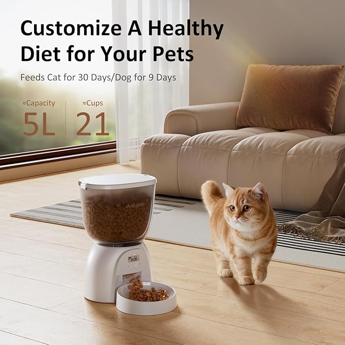 Distributeur Automatique de Croquettes pour Chat 5L/21 Tasses, Programmable avec Minuteur, Double Alimentation, 6 Repas et 1 à 20 Portions, pour Chats et Chiots