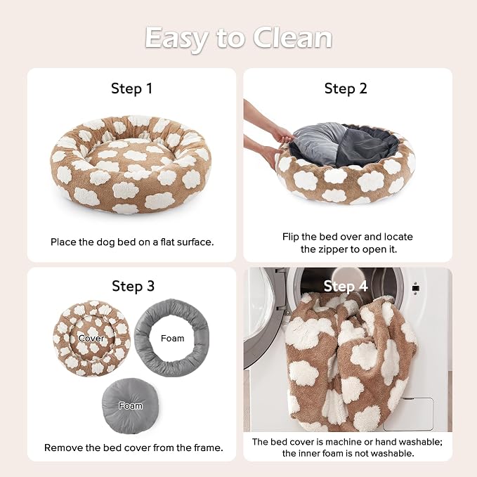 JOEJOY Jacquard Donut Round Small Dog Beds,Brown 23x23x8in, Removable Washable Cover, Cute Pattern, Ultra Soft Fluffy Calming Pet Bed with Thick Supportive Bolster