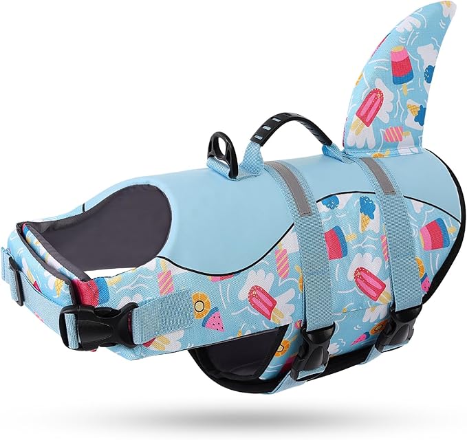 Shark Dog Life Vest for Swimming, Dog Life Vests for Boating, High Buoyant Dog Life Jacket, Ripstop High Flotation Swimsui for Small, Medium, Large Dogs (Blue Ice Cream,XS)