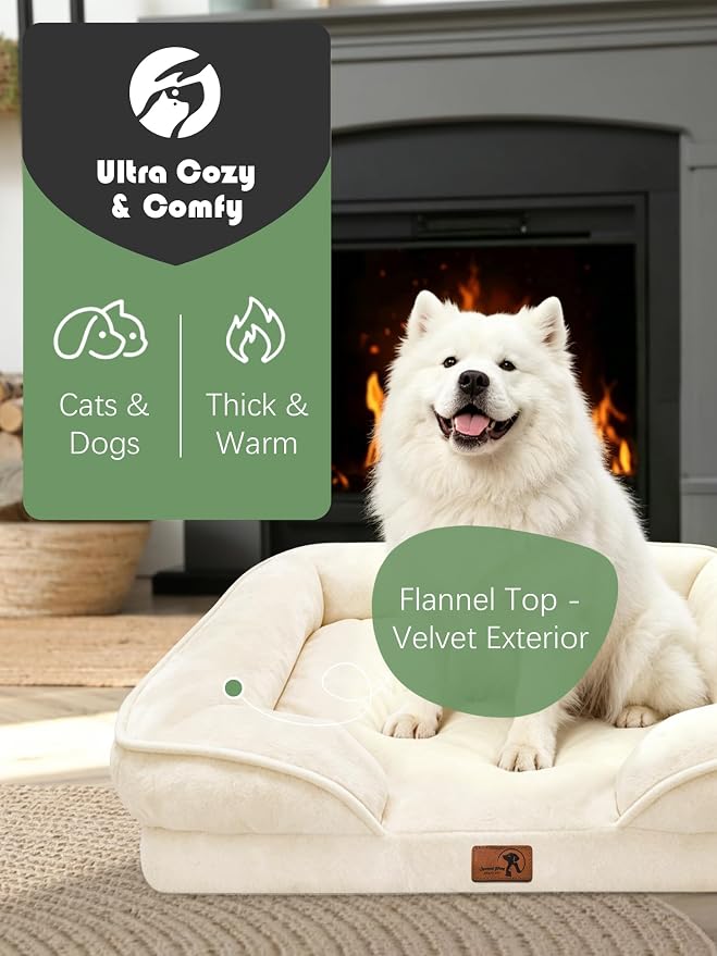 Spotted Play Orthopedic Dog Bed with Sides - Sofa Beds for Large Dogs, Supportive Foam Pet Couch Bed with Washable Removable Cover, Waterproof Lining and Non-Slip Bottom, Ivory - L-Plus