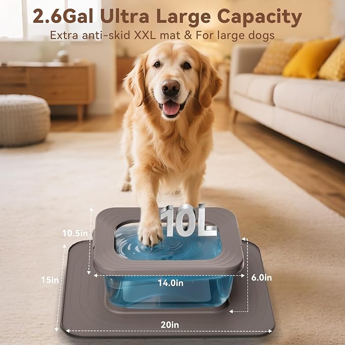 10L No Spill Dog Water Bowl Stainless Steel for Messy Drinkers | Large Capacity Slobber Stopper, Slow Drinking Anti Splash Design, XXL Silicone Mat, For Large Dogs & Multi-pet Homes, Grey