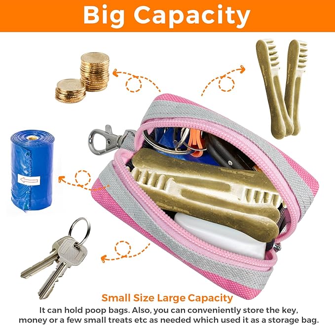 Dog Poop Bag Holder Zippered Pouch, Portable Waste Bag Dispenser with 1 Metal Clip, Fashion Color Matching Canvas Holder for Leashes - Pink