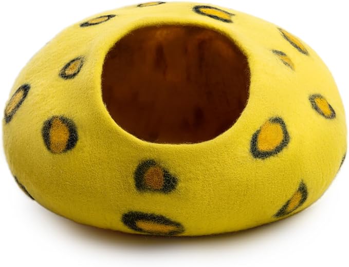 Luxurious Merino Wool Cat Cave - Foldable Hideaway Pod for Indoor Cats - Premium Felt Kitten Pet Enclosure - Covered Cat House for Ultimate Cozy Comfort by Woolygon (Cheetah)