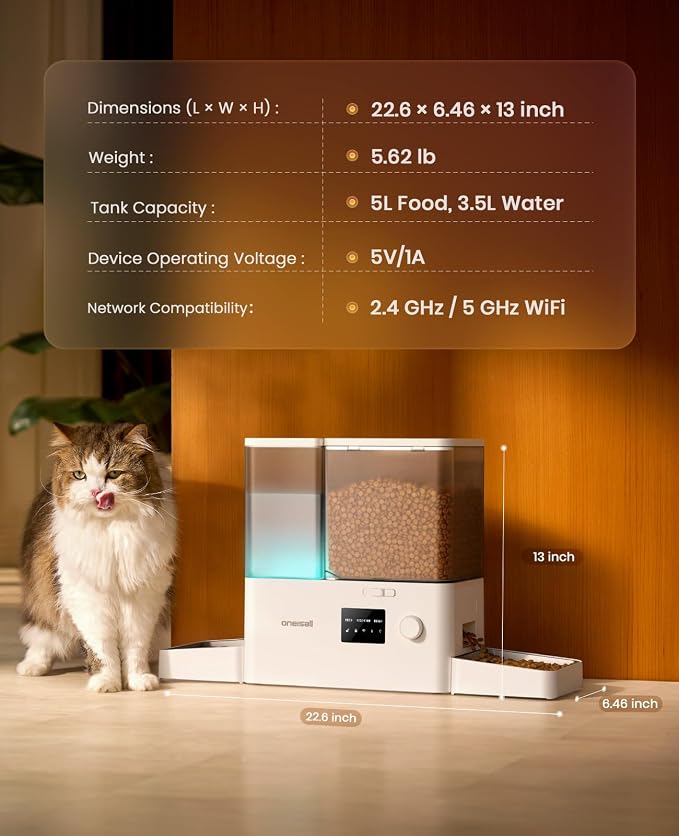 oneisall 5G WiFi Automatic Cat Feeder and Water Dispenser, 36Cups/8.5L | App Control, 2-in-1 Auto Cat Feeder, Gravity Water Dispenser, Large Capacity, Smart Cat Feeder for Dry Food, for Cats, Pets