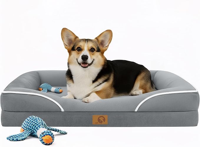 Homemate Dog Bed Large Sized Dog: 36"x27" Orthopedic Pet Bed with Toy | Large Dogs Bed with Non-Slip Botton & Removable Washable Cover Cat Bed Sofa L Outdoor Crate Pad Couch Light Grey