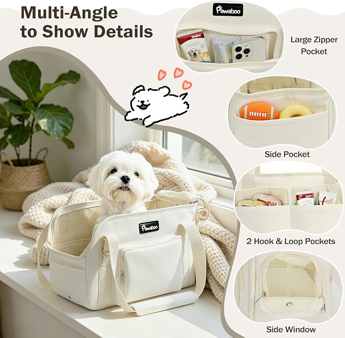 Pawaboo Dog Purse Carrier for Small,Under 9 Lbs | Large Pockets,Safety Leash,Soft Cushion,Breathable Mesh Window,Lightweight Travel,Beige
