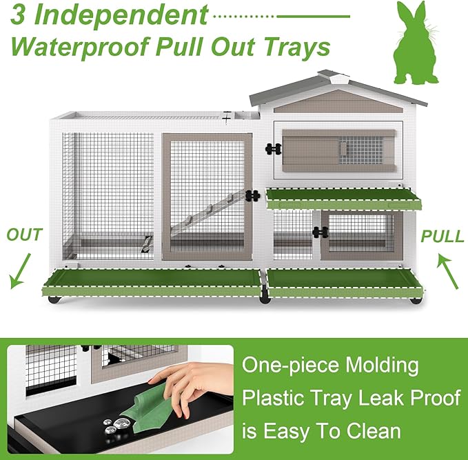 2 Story Rabbit Hutch Outdoor Indoor, Wooden Bunny Cage with 6 Lockable Wheels, 3 Removable No Leakage Pull Out Trays, Chew-Proof Ramp & Waterproof Roof, Ideal for Rabbit & Guinea Pig