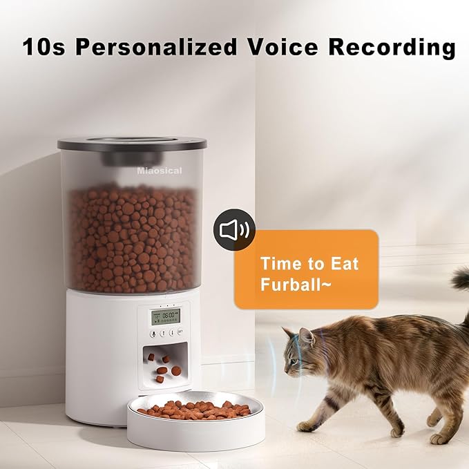 4.2L Automatic Cat Feeder,6 Meals/Day,Dual Power,Dry Pet Food Autofeeder Portion Control,Timer Setting,10S Voice Record (Transparent White, Stainless Steel Bowl)