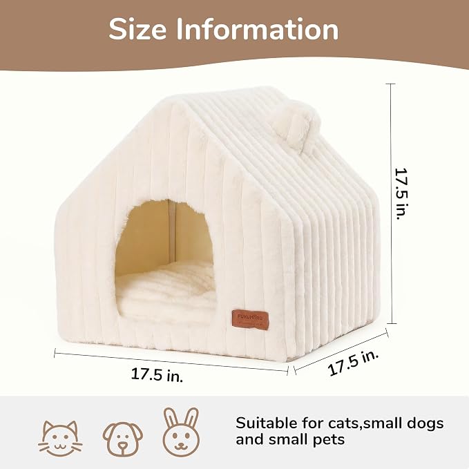 FUKUMARU Cat Bed Cave, Enclosed Washable Covered Dog Bed with Support Frame | Large Cat House for Indoor Cats, Cozy Cat Hideaway for Anxious Cats, Soft Plush Faux Fur Cat Tent Bed, Non-Slip Bottom, Cream