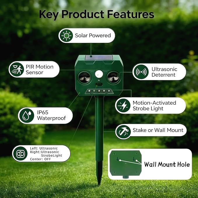 1 Pack 2026 Upgrade Solar Ultrasonic Outdoor Animal Repeller with Motion Sensor, Raccoons, Deer Squirrels, Dogs, Cats, Rabbits, and Skunks. IP65 Waterproof, with Flash Lights for Yard Garden