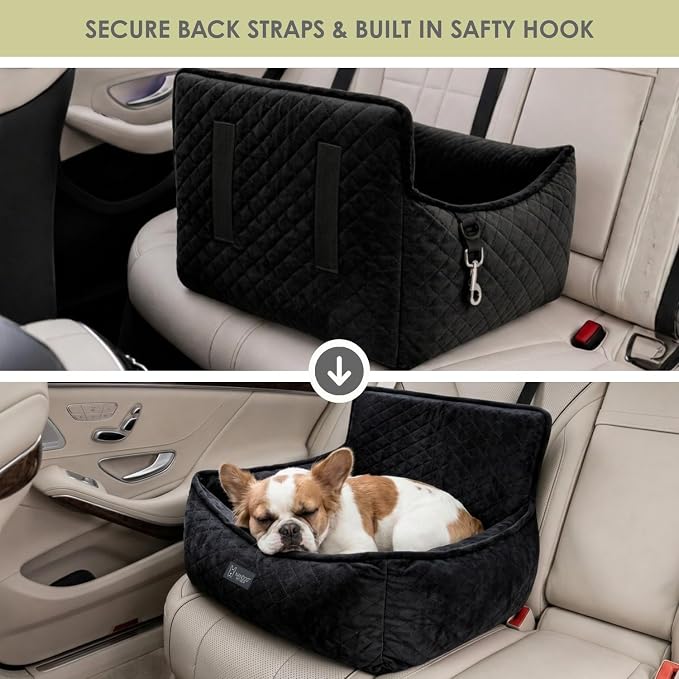 NANDOG Luxury Dog Car Seat Bed for Medium Dogs, Micro Plush Pet Seat with Removable & Washable Cushion Insert, Thick Safety Seatbelt Straps, Secure Travel Carrier, Charcoal Dark Grey, 22" L x 18" W