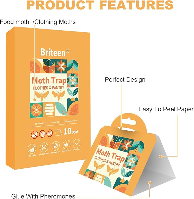 Pantry Moth Traps 10-Pack Safe and Effective for Food and Clothing- Glue Traps with Pheromones for Wool Closet Carpet Food and Cupboard K04