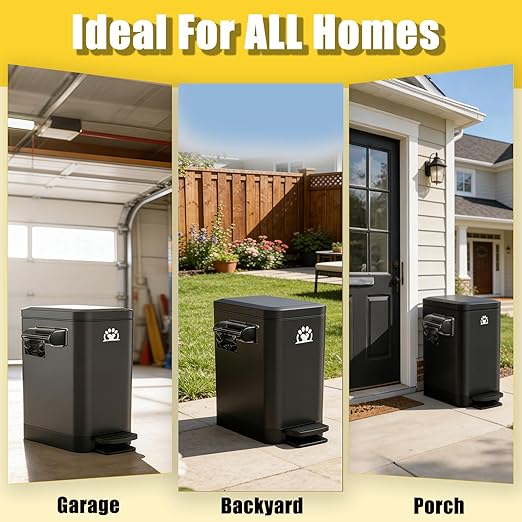 Dog Poop Trash Can Outside,3Gal Metal Outdoor Trash Can,Outdoor Dog Poop Trash Can with Lid for Odor Control,Waterproof Dog Waste Trash Can - Includes Poop Scooper for Dogs & Bin Bag Holder (Black)