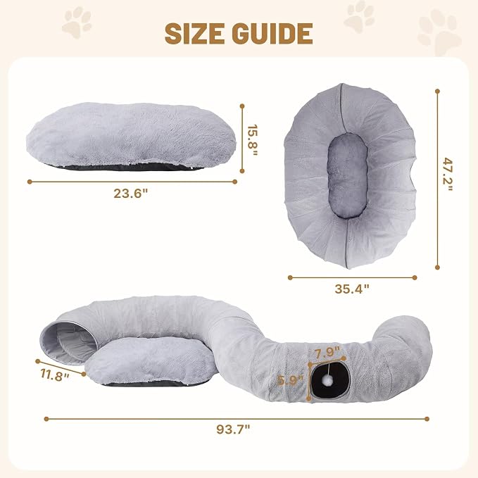 Extra Large Cat Tunnel, 47.2in Multi-Cat Family Big Cat Tunnel for Cats | Long Cat Tunnel Bed with Washable Plush Mat, XXL Pet Play Tunnel Toy for Cats, Puppy, Rabbits Grey
