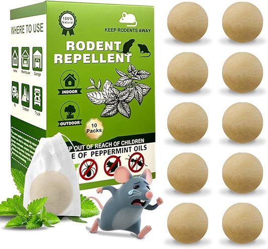 Mouse Rodent Repellent,10 Pack Peppermint Oil Mouse Repellent Balls for Rats Mice Deterrent, Natural Mouse Traps for Indoor Outdoor Use, Keep Rodents Away from Garden and Home, Family & Pet Safe