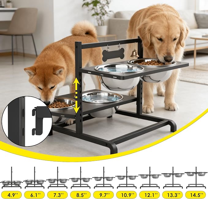 SHAINFUN Elevated Dog Bowl Stand with 4 Stainless Steel Bowls (58oz) & 1 Slow Feeder, 9 Height Adjustable Raised Dog Bowl from 4.9" to 14.5" for Large Dogs & Multi-Pet Homes