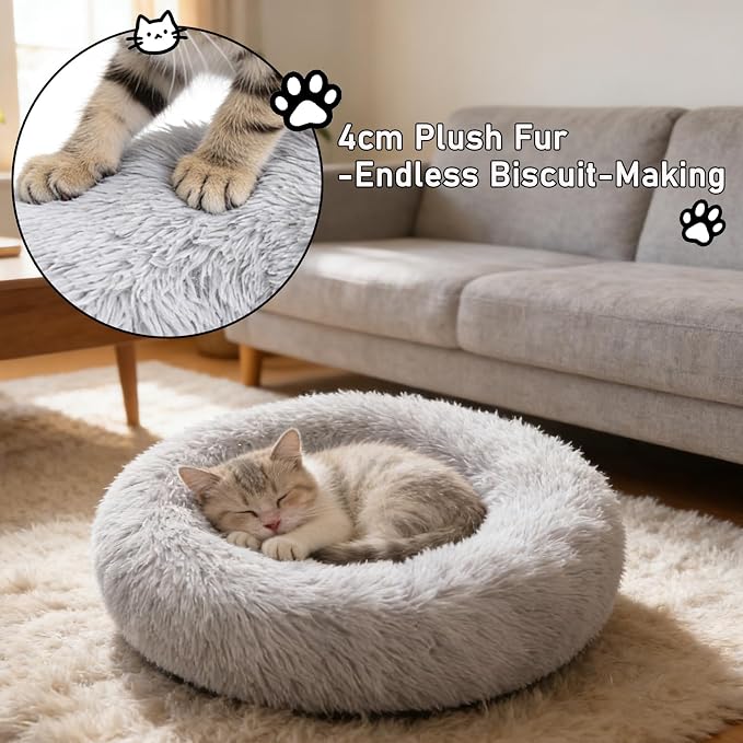 Calming Donut Dog Beds Large Sized Dog - Washable Removable Cover Non-Slip, Round Pet Bed Warming Fluffy Plush Faux Fur Anti-Anxiety Thick Cushion, Fits up to 80 lbs (Light Grey, 36")