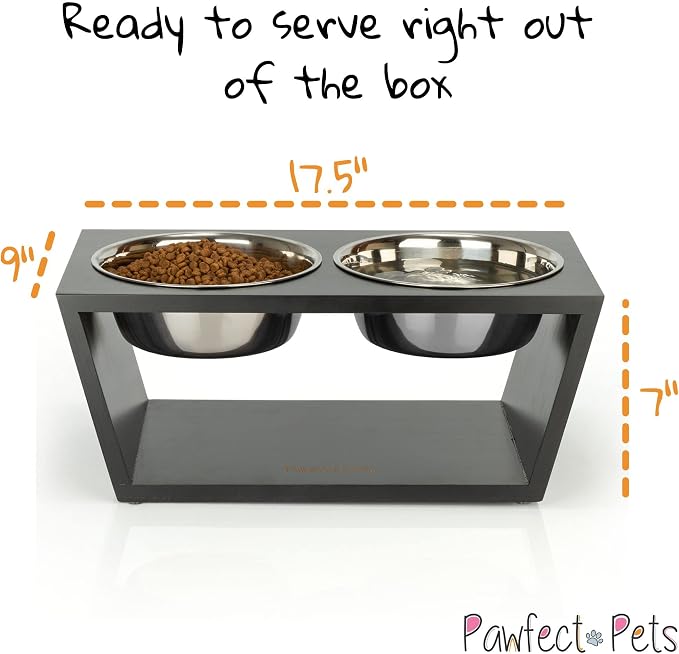 Elevated Dog Bowl Stand- 7" Raised Dog Bowl for Medium Dogs. Pet Feeder with Four Stainless Steel Bowls (Black)