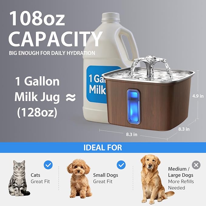 Veken Innovation Award Winner Stainless Steel Cat Water Fountain, 108oz | Automatic Pet Fountain Dog Water Dispenser with Replacement Filters & Silicone Mat for Cats, Dogs (Walnut Brown)