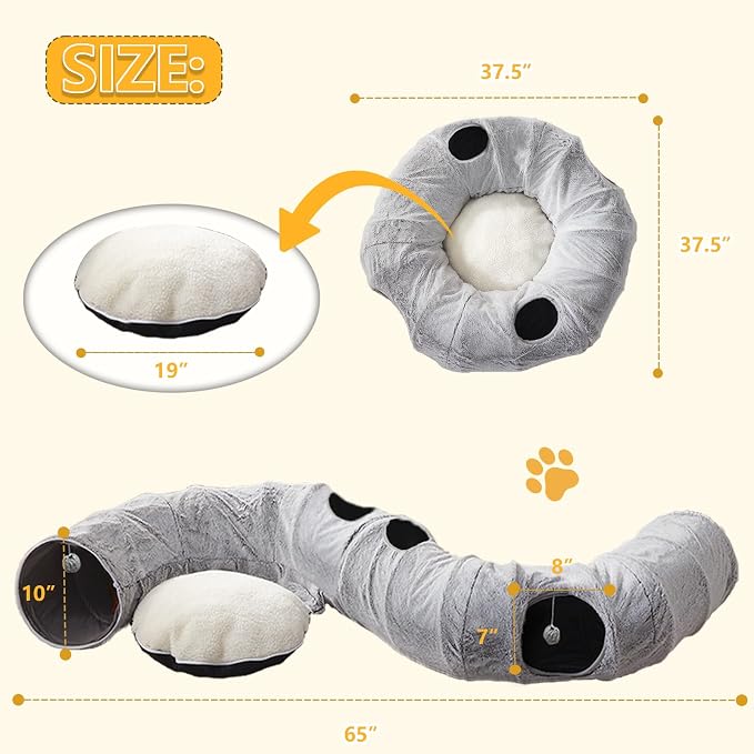 WINDRACING Cat Tunnel Bed for Indoor Cats - Cute Cat Donut Tunnel with Washable Circle Cushion, Round Pet Play Toy for Kitten/Puppy/Rabbit, Grey