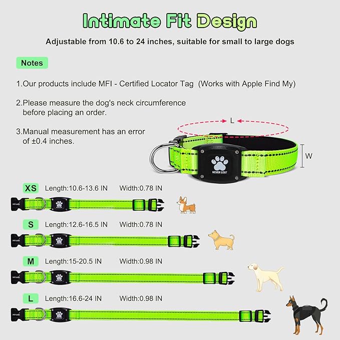 GPS Dog Collar Tracker 2-in-1,Reflective Waterproof Pet Collar,iOS-Only,No Monthly Fees,Unlimited Range,Dog Tracking Collar Pet Tracker,for Small Medium Large Dogs(L (16.6"-24"), Green)