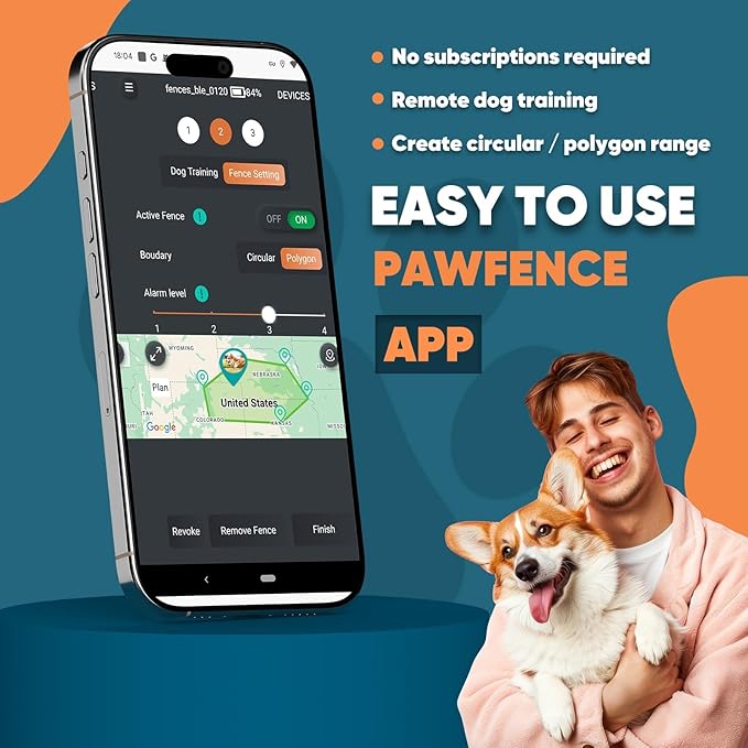 GPS Electric Dog Fence with Free App, Wireless Fence System with Training Collar, Portable for Outdoor Use, Rechargeable Waterproof Flexiable Collar, Adjustable of Dogs (Grey)