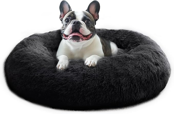 JOLLYVOGUE Calming Dog Beds Large Sized Dog, 36in Donut Washable Large Pet Bed, Anti-Slip & Anti-Anxiety Fluffy Faux Fur Round Dogs Bed, Fits up to 80 lbs Pets (Black)