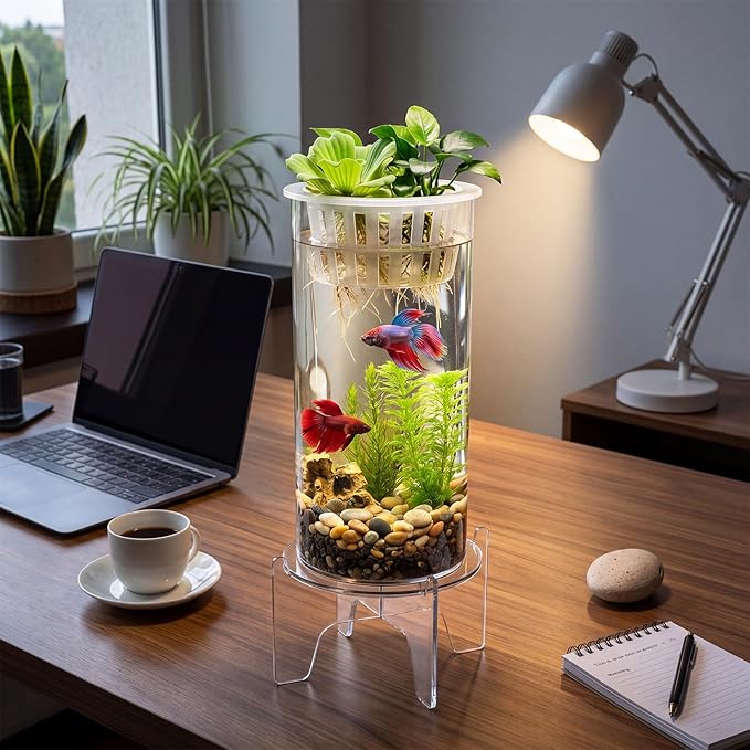 Thenshop 1.87 Gallon Plastic Aquaponic Planter and Aquarium Betta Bowl Fish Aquariums Small Fish Tank with Base and Top Promotes Healthy Hydroponic Environment for Plants (Straight Cylinder)