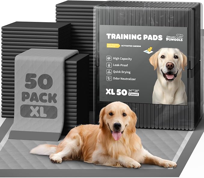 Powools Charcoal Puppy Pads - 100 Packs, 34"×28" Ultra-Large Puppy Pads, Odor-Control Carbon Pee Pads for Dogs, 6-Layer Ultra-Absorbent & Quick-Dry Black Training Pads