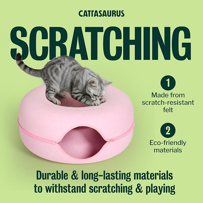 Peekaboo Cat Cave Donut for Multiple & Large Cats up to 30-45 lbs, 3-in-1 Self Warming Cat Bed, Tunnel & Scratcher for Indoor Cats, Washable & Detachable Small Dog Bed (Pink, Large)