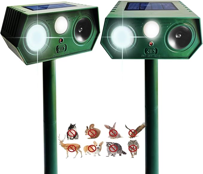2 Pack 2025 Solar Ultrasonic Animal Repellent Outdoor, Cat Deterrent Deer Repeller with Motion Detection Flash Light for Dog Cat Deer Bird Rabbit Skunk Raccoon Coyote Woodpecker Squirrel, Safe for Pet
