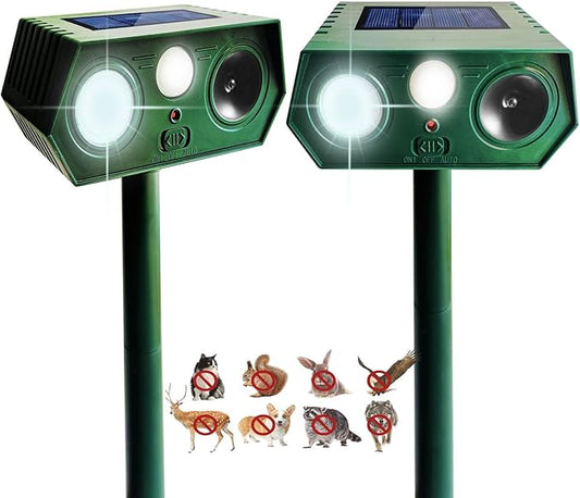 2 Pack 2025 Solar Ultrasonic Animal Repellent Outdoor, Cat Deterrent Deer Repeller with Motion Detection Flash Light for Dog Cat Deer Bird Rabbit Skunk Raccoon Coyote Woodpecker Squirrel, Safe for Pet