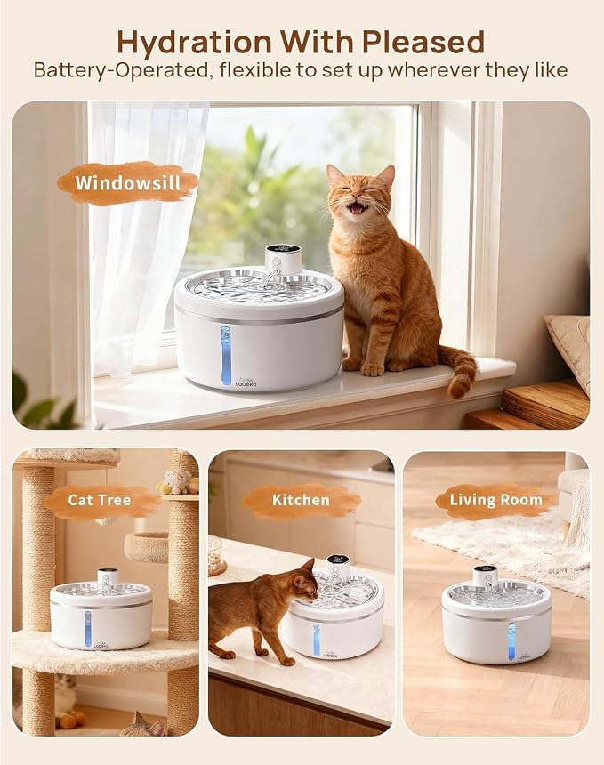 Wireless Cat Water Fountain [with Stainless Steel Tray], 84oz/2.5L Pet Fountain for Cats Inside, Cat Fountain for Drinking with Motion Sensor