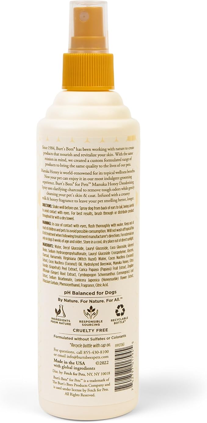 BURT'S BEES FOR PETS Deodorizing Spray for Dogs, Manuka Honey & Charcoal, Reduces Odor Between Baths, 95%+ Natural Origin, No Artificial Fragrance, Sulfates or Colorants, Milk & Honey Scent, 10 Fl Oz